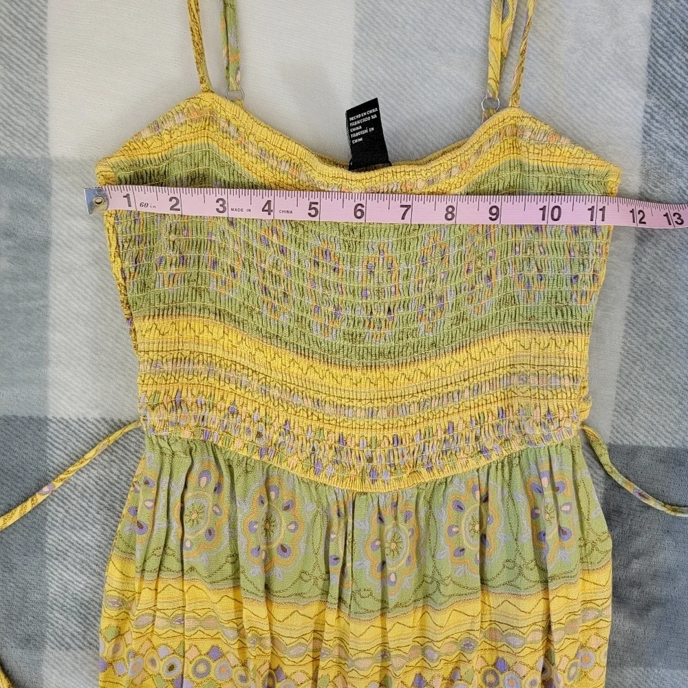 Forever 21 Yellow Green Printed Wide Leg Sleeveless Ruched Top Jumpsuit Size S